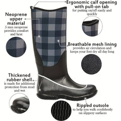 Women's Plaid Print Rain Boots Waterproof Non-slip Outdoor Shoes
