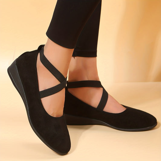 Women's Cross Strap Wedge Heels Slip On Shoes Round Toe