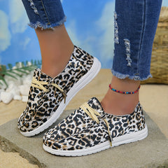 Leopard Print Canvas Shoes Lightweight Lace Up Walking Shoes