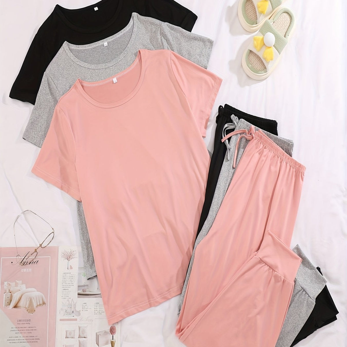 6 Pack Plus Size Pajama Set Women's Solid Short Sleeve T-Shirt