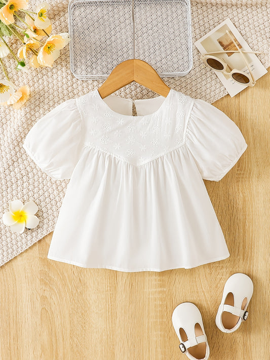 Girls Casual Puff Sleeve Flower Blouse Short Sleeve Top