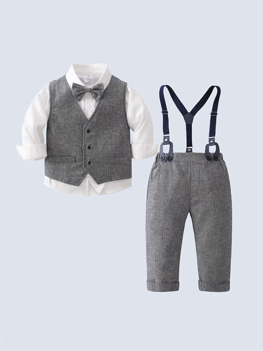 Baby Boy 3pcs Gentleman Suit Long Sleeve Shirt Bow Tie Vest Pants