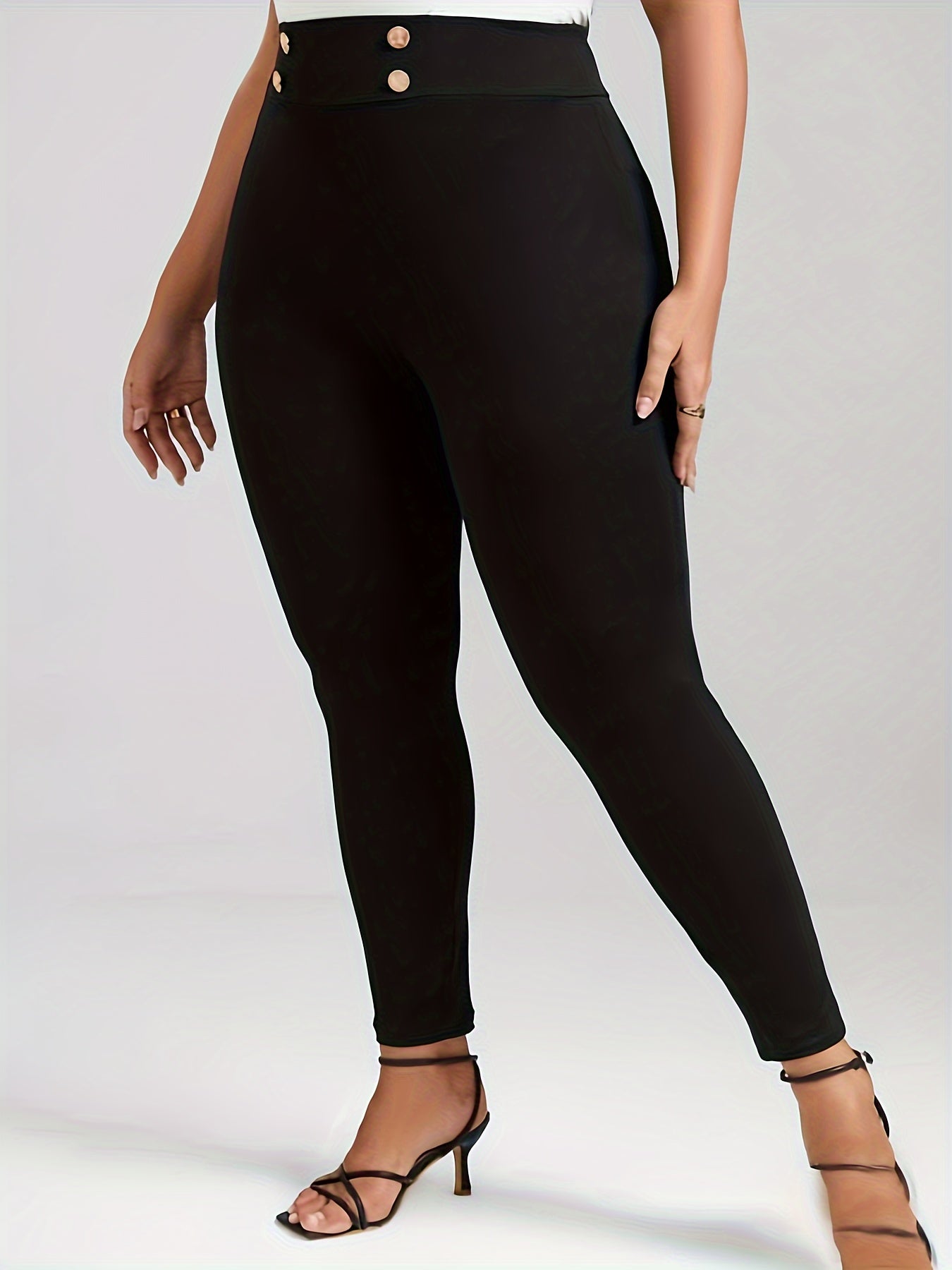  Solid Button High Rise Skinny Trousers