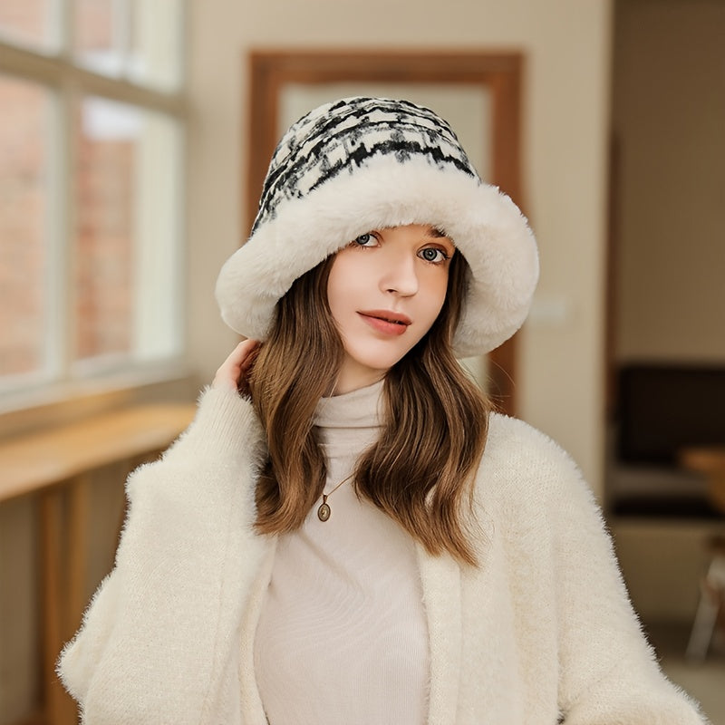 Winter Thick Warm Bucket Hat Plaid Fur Irregular Brim Fisherman Cap