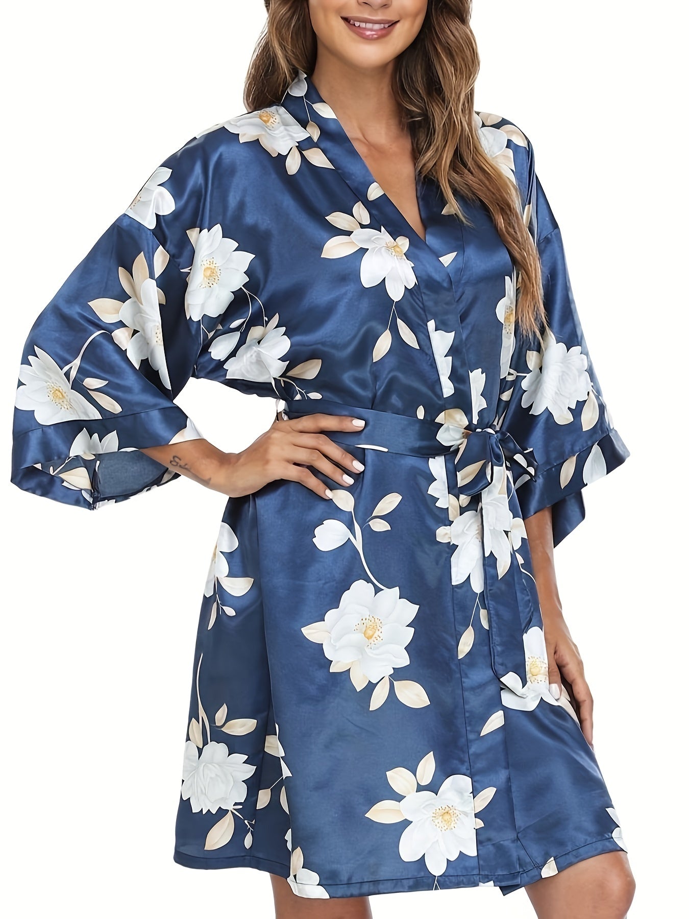 Floral Print V-Neck Night Robe With Belt