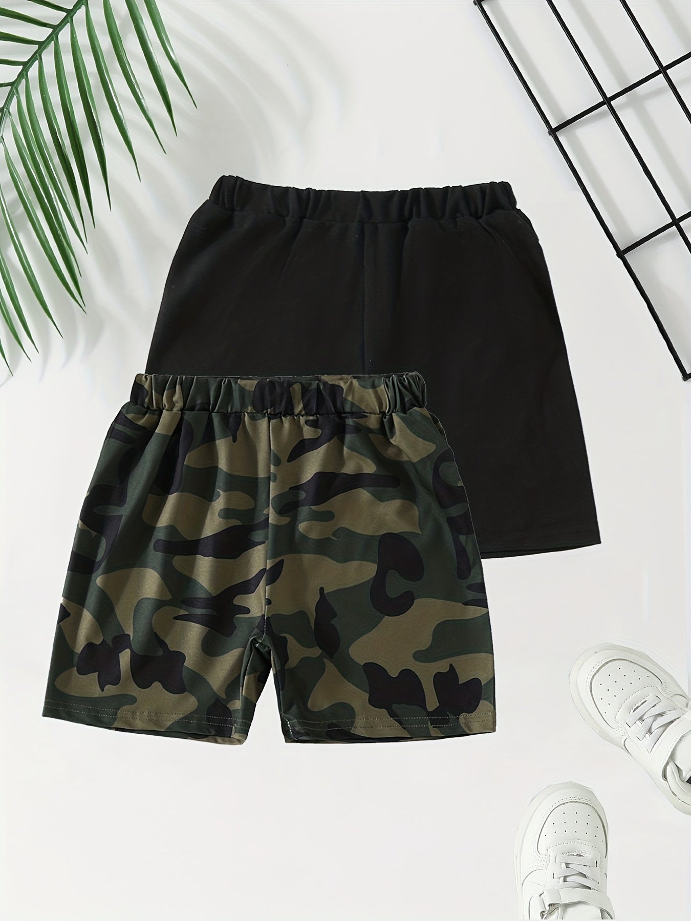 2pcs Boys Solid & Camo Comfortable Shorts Elastic Waist for Summer