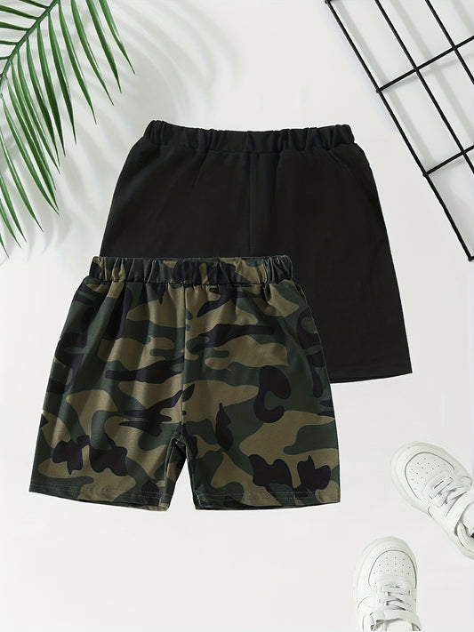 2pcs Boys Solid & Camo Comfortable Shorts Elastic Waist for Summer