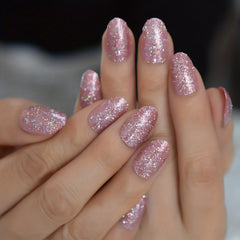 24pcs Pink Glitter Press On Nails Short Oval Full Cover Reusable False Nails