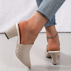 Women's Knit Heeled Mule Sandals Pointed Toe Chunky High Heels Slingback