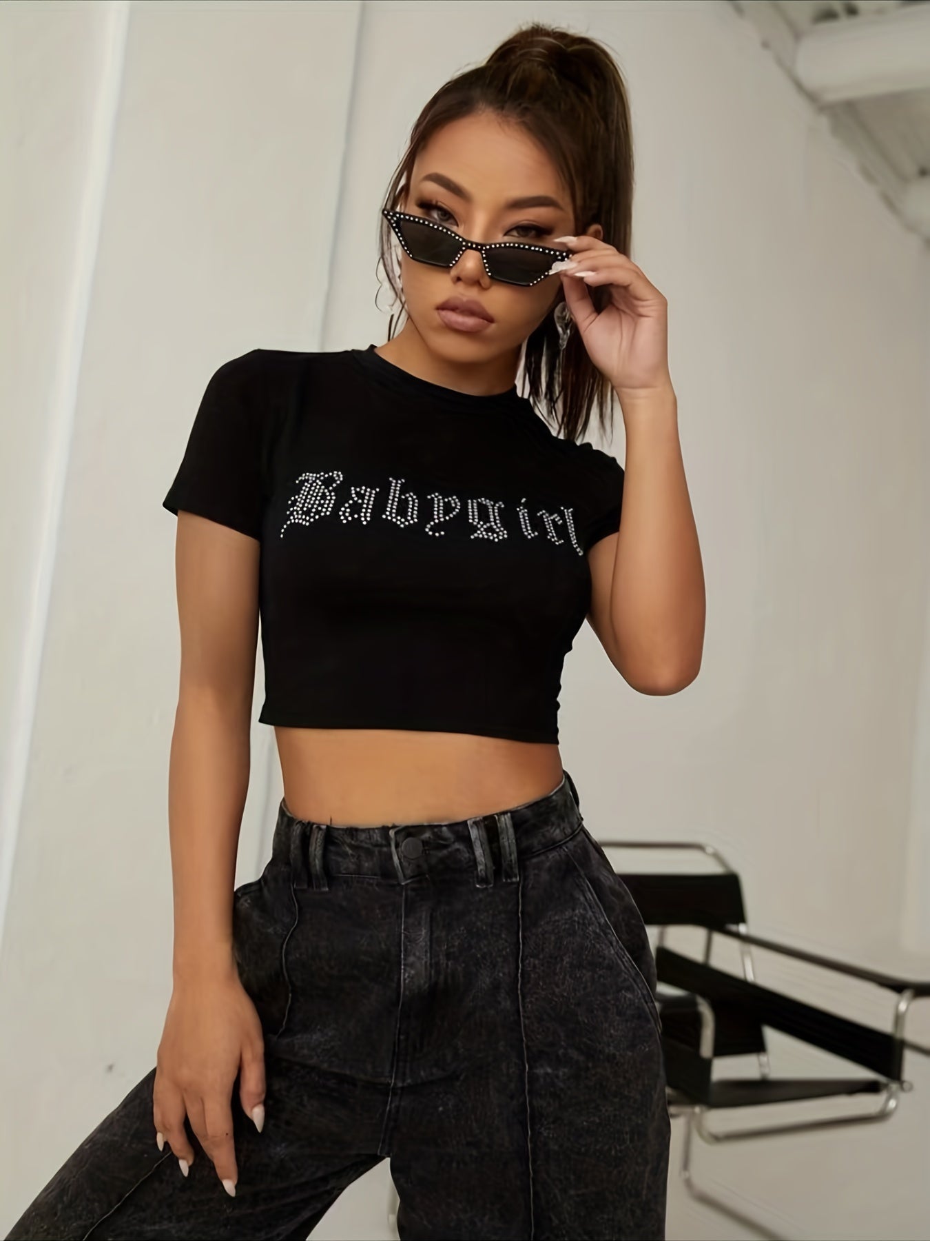 Rhinestone Letter Crop Tee Y2K Crew Neck Women's Clothing