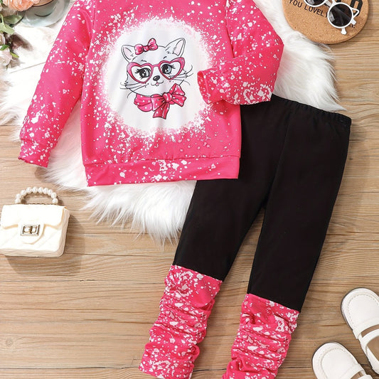 Girl's Cat Pattern 2pcs Sweatshirt & Pants Set Casual Outfits For Spring Fall