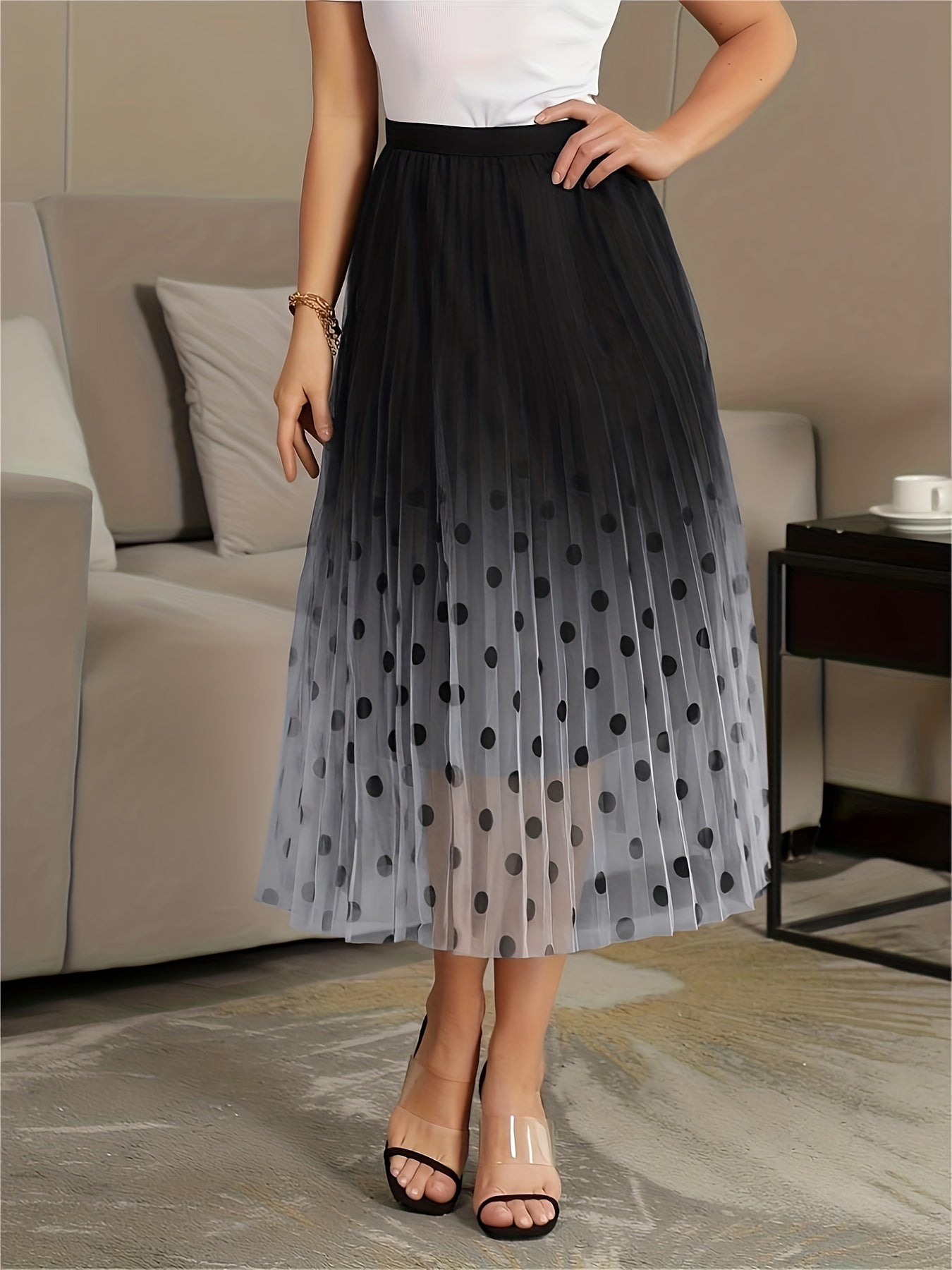 Polka Dot Gradient Pleated Maxi Skirt
