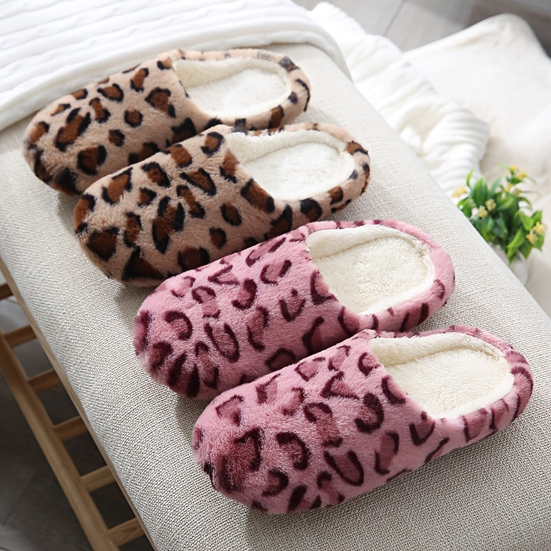 Leopard Print Plush Indoor Slippers Warm & Comfy Closed Toe Slides