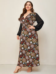  Mesh Floral Print Long Sleeve Maxi Dress Women's Boho Long Dress