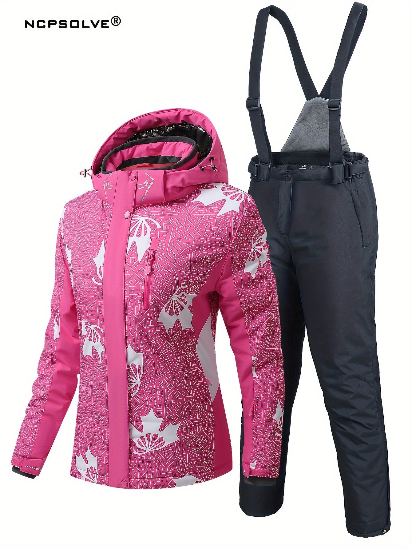 Geometric Print Ski Set Long Sleeves Hooded Jacket & Trouser Ski Suit