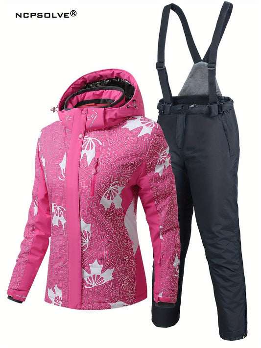 Geometric Print Ski Set Long Sleeves Hooded Jacket & Trouser Ski Suit