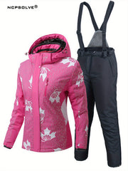 Geometric Print Ski Set Long Sleeves Hooded Jacket & Trouser Ski Suit