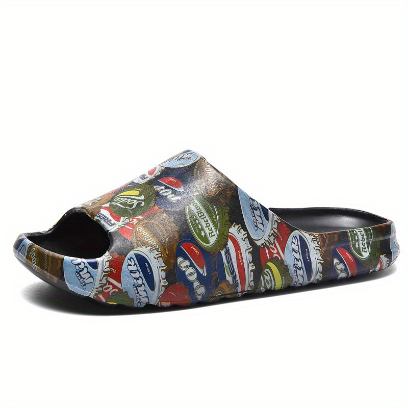 Men's Retro Bottle Cap Print Platform Slide Sandals