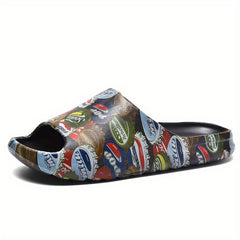 Men's Retro Bottle Cap Print Platform Slide Sandals