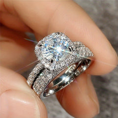2pcs Shining Gemstone Promise Rings Silver Plated Dainty Jewelry