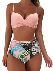 Floral Print Twist Spaghetti Straps Bikini High Waist Ruched 2 Piece Set