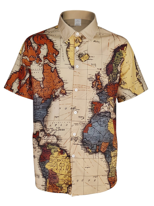 Map Print Men's Casual Short Sleeve Shirt - Summer Vacation Resort Top