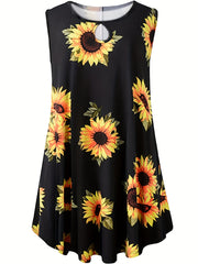  Sunflower Print Cut Out Round Neck Tank Top