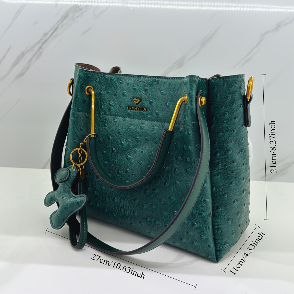Ostrich Textured PVC Bucket Shoulder Bag Green Zipper Closure