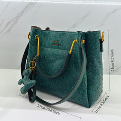 Ostrich Textured PVC Bucket Shoulder Bag Green Zipper Closure