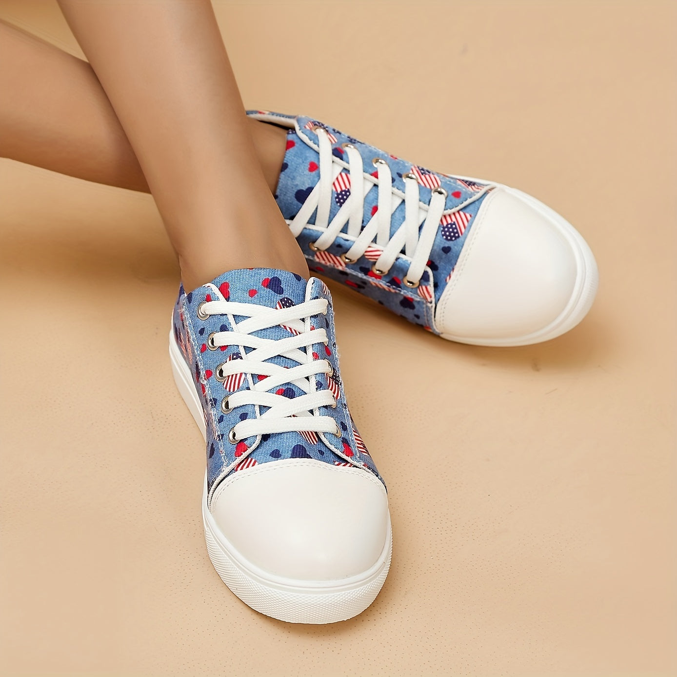 Women's Heart Pattern Denim Sneakers Lace Up Canvas Shoes