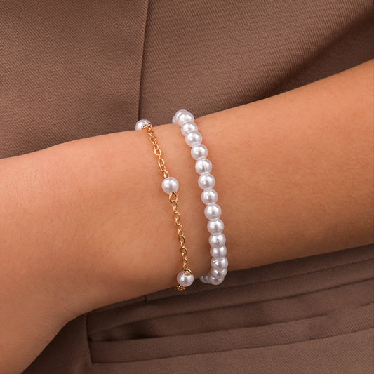 Vintage Sweet Faux Pearl Bead Bracelet Set 2 Pcs for Women