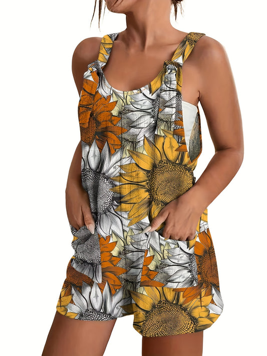  Sunflower Print Tie Front Tank Jumpsuit