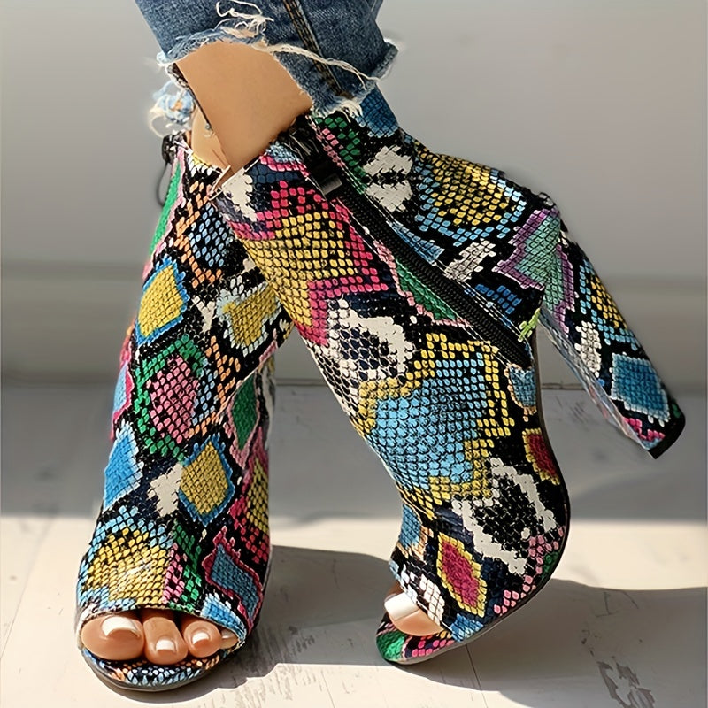 Multicolor Snakeskin Pattern Peep Toe Ankle Boots