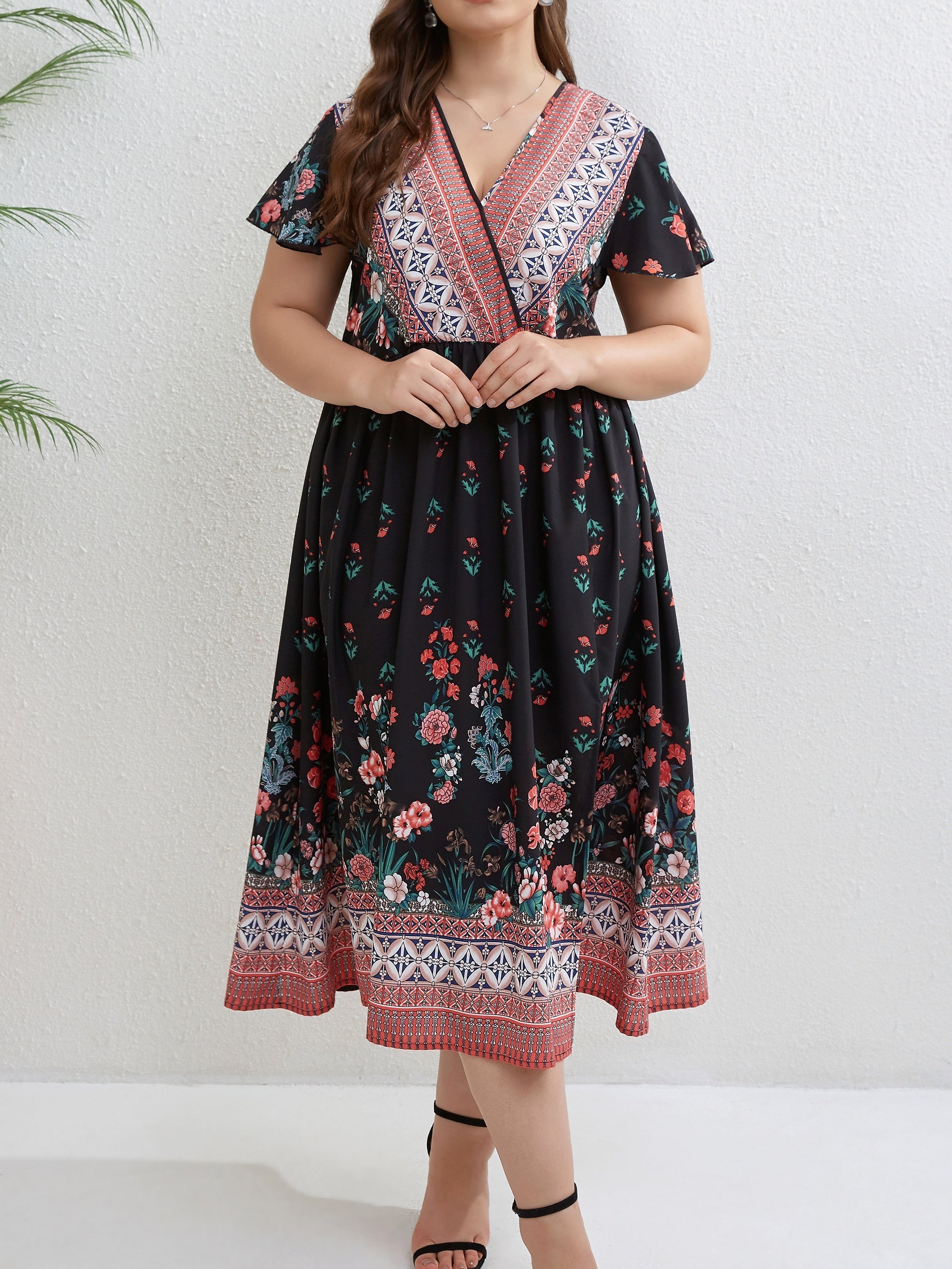  Colorblock Floral Geometric Print Cap Sleeve Midi Dress