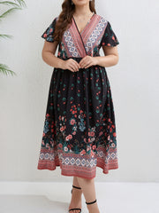  Colorblock Floral Geometric Print Cap Sleeve Midi Dress