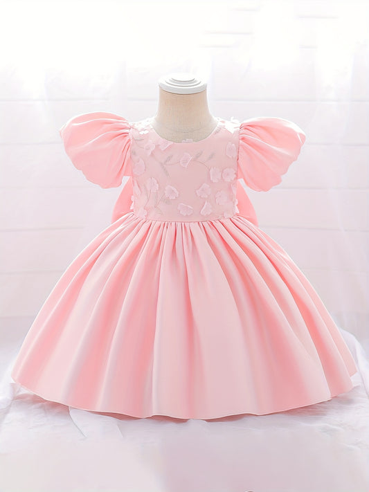 Girls Puff Sleeve Princess Dress with Flower Decor