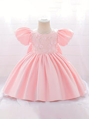 Girls Puff Sleeve Princess Dress with Flower Decor