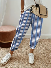  Stripe Print Drawstring Elastic High Rise Casual Pants