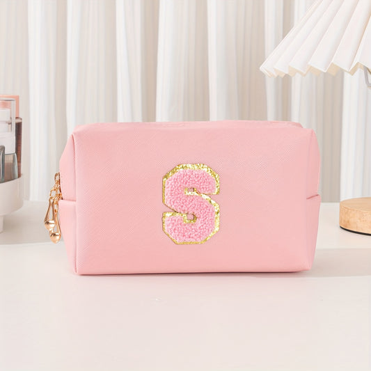 Chenille Letter Patch Makeup Bag - Initial Preppy Cosmetic Bag