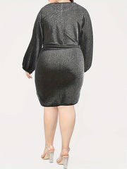  Shinny Lantern Sleeve Round Neck Mini Dress With Belt