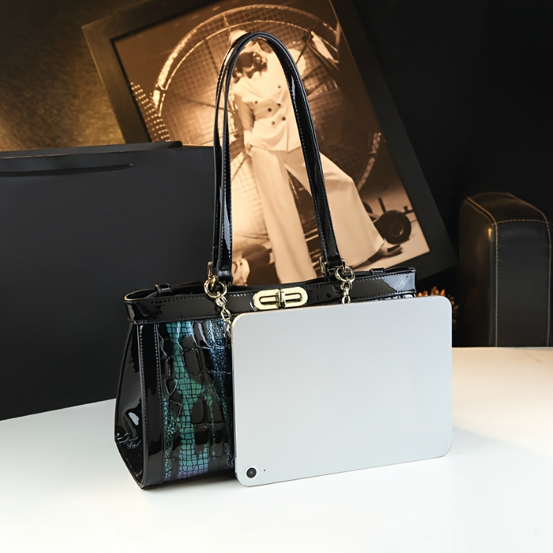 Stylish Soft Leather Chain Bag Crocodile Pattern Zip Closure Polyester Lining