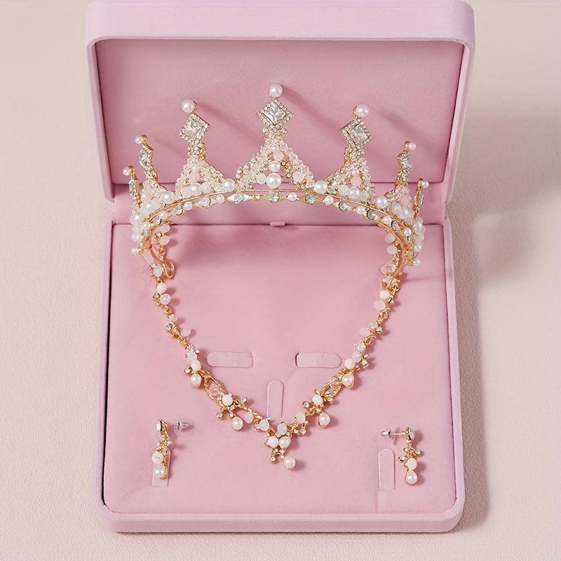 3pcs Rhinestone Bridal Set Crown Earrings Necklace