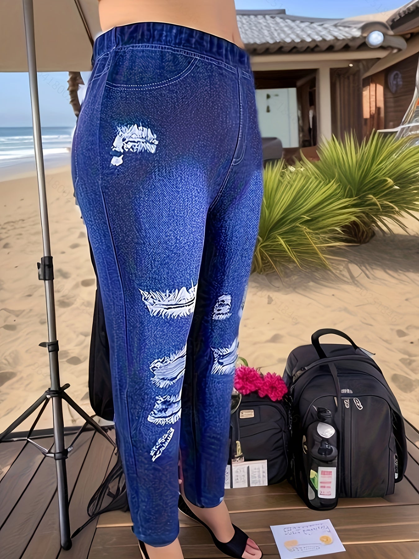  Denim Print Elastic Tapered Leg Trousers