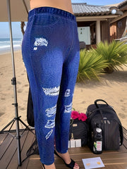  Denim Print Elastic Tapered Leg Trousers