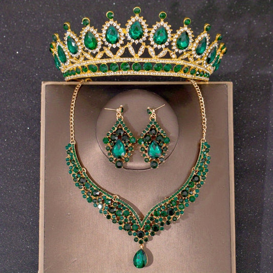 Green Crystal Bridal Jewelry Set Party Rhinestone Tiara Necklace Earrings