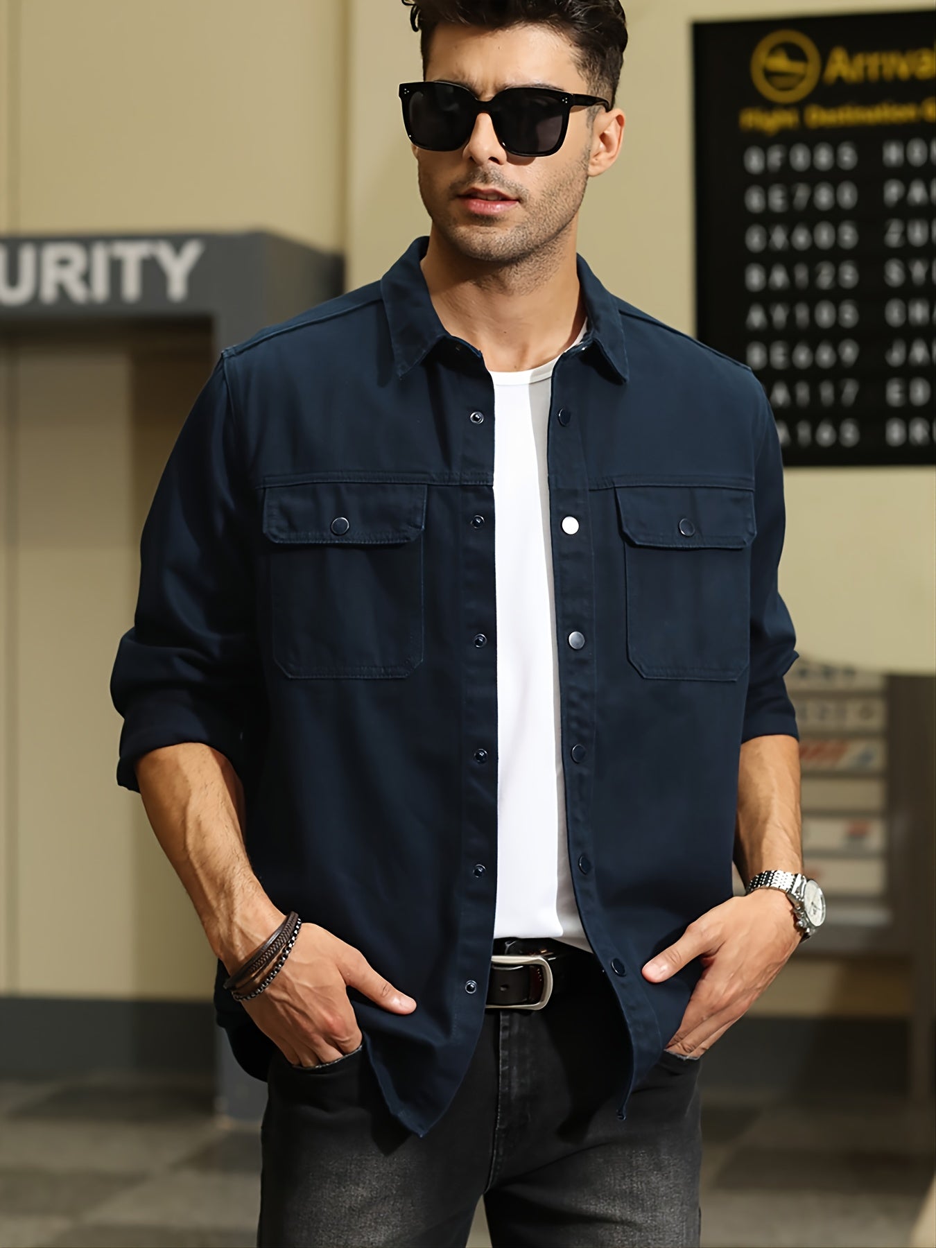 Men's Long Sleeve Button Denim Jacket Casual Navy Cotton Jeans