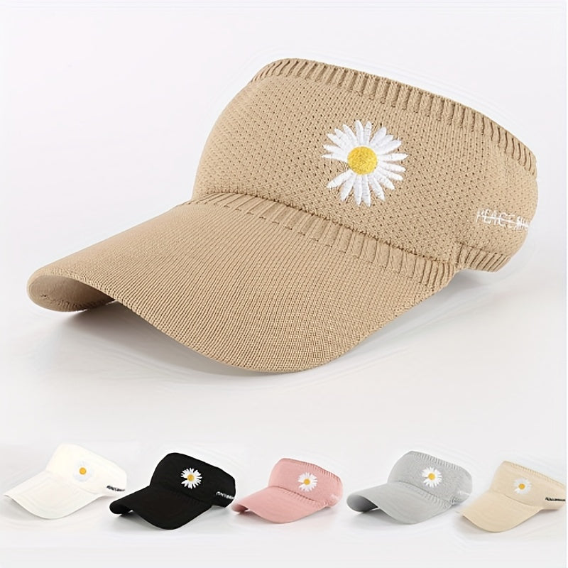 Daisy Embroidery Sun Visor Hat UV Protection Travel Beach Cap