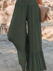  Solid Elastic Waist High Rise Wide Leg Trousers