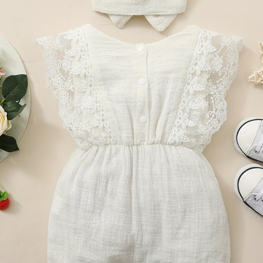 2pcs Baby Girls Lace Sleeveless Romper & Headband Set