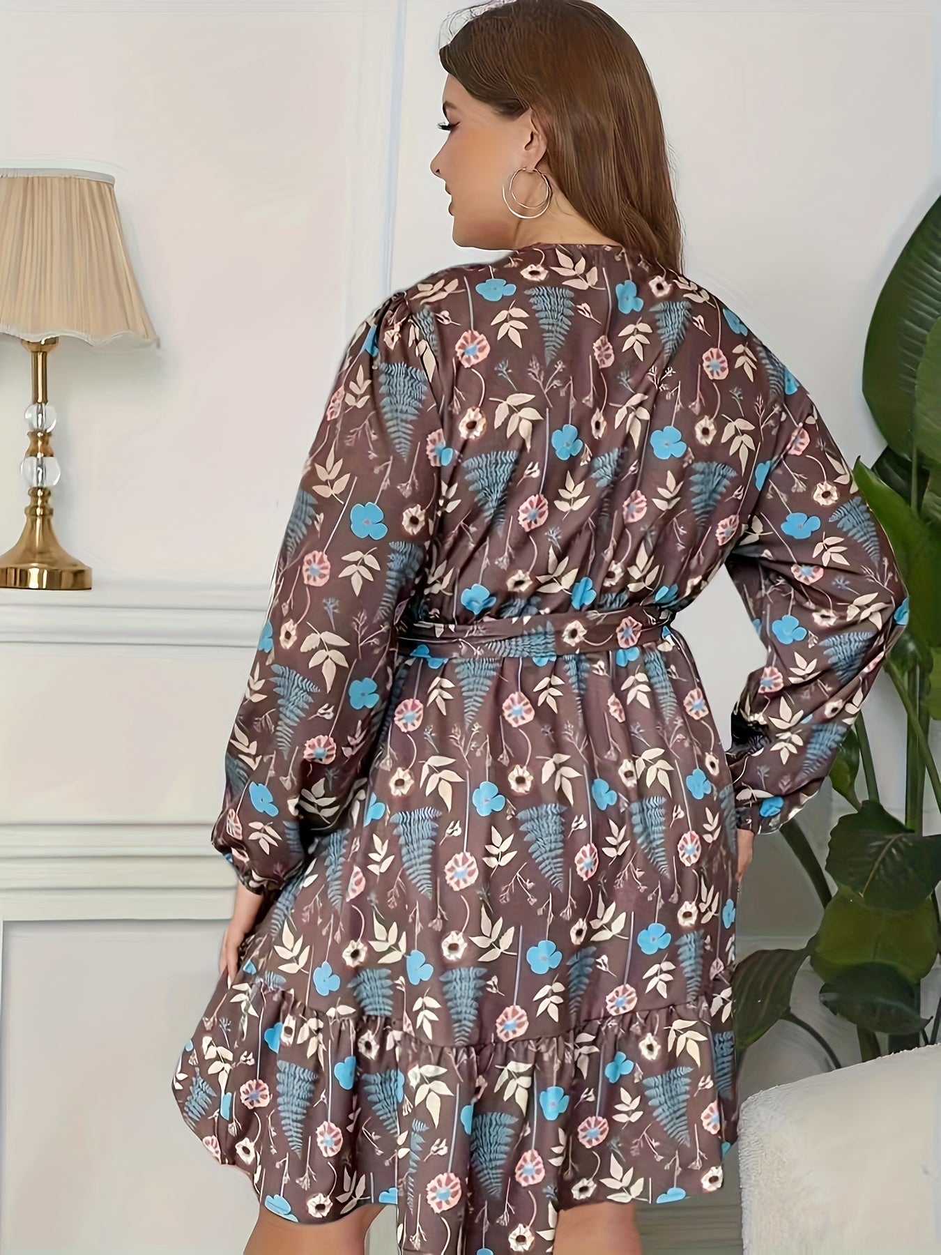  Boho Dress Women's Plus Floral & Leaf Print Lantern Sleeve Dress